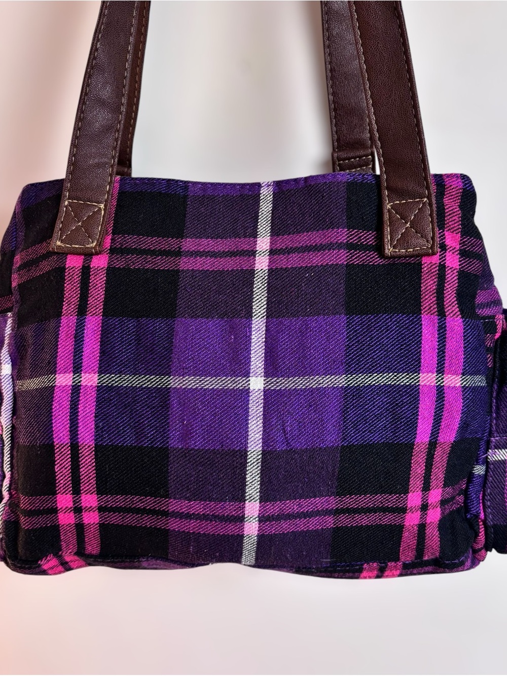 Joe Boxer Purple Plaid Bowler Bag with Brown Trim - Picture 4 of 9